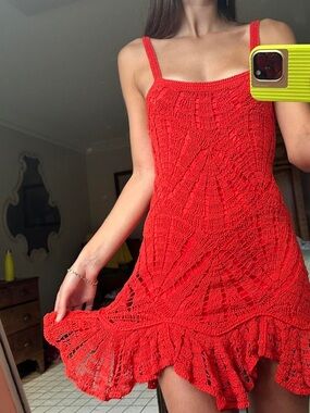 Zara Red Crochet Mini Dress with Ruffled Hem